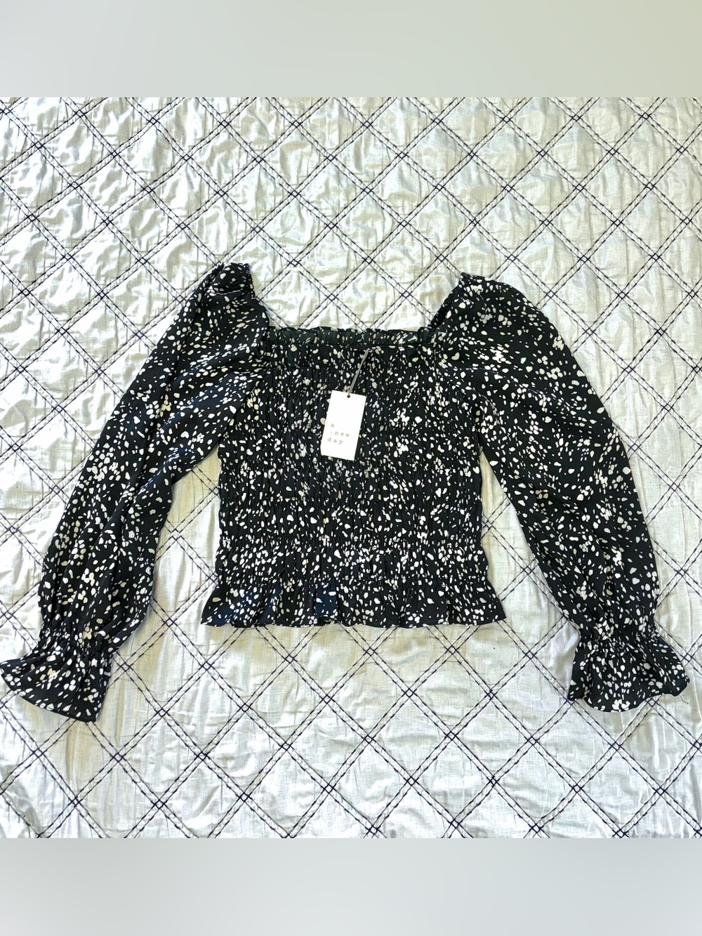 A New Day Black Square-Neck Blouse With White Print
